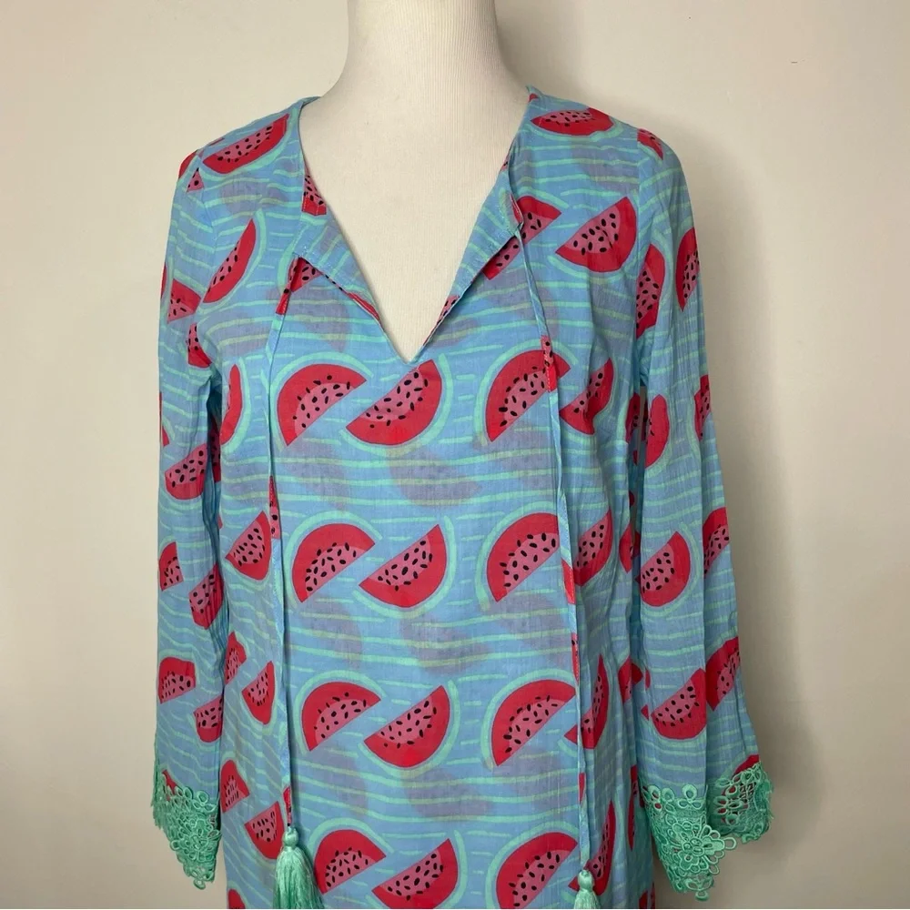 STS Sail To Sable Tunic Dress SZ S Watermelon Print Green Tassel Cotton - Picture 7 of 16